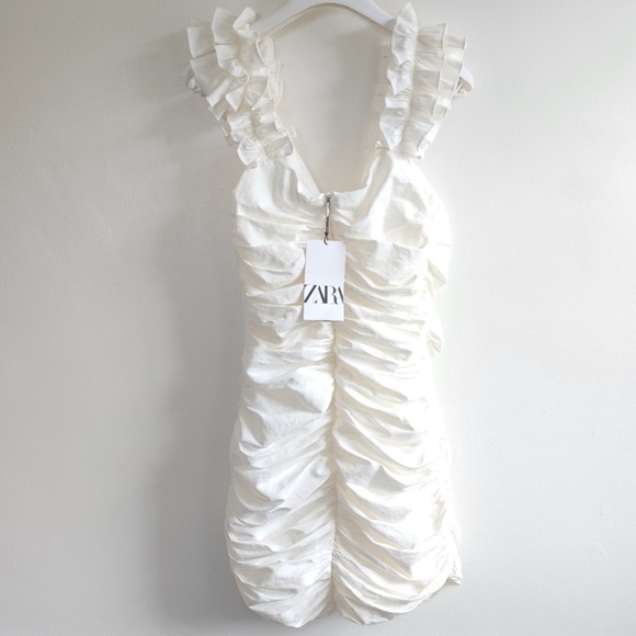 Zara bloggers favorite ruffle sleeve lined blend ruched lace up mini dress - Picture 8 of 16